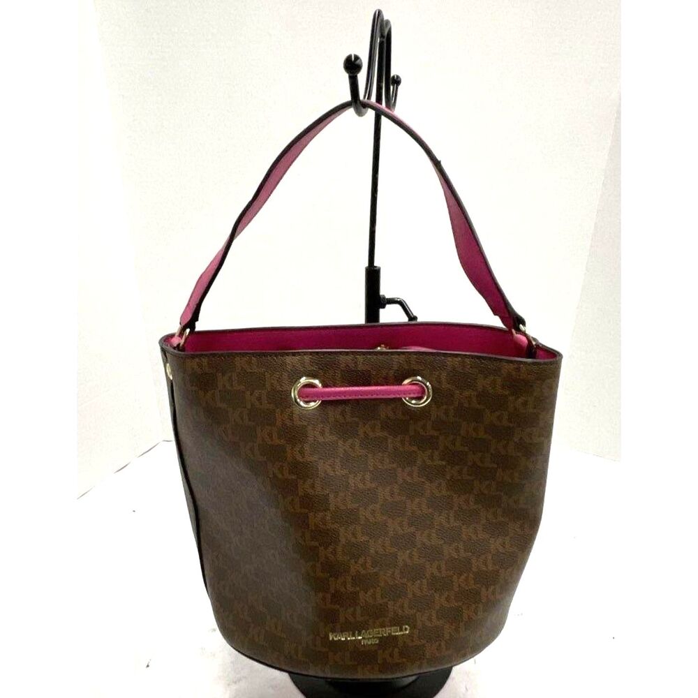 Karl Lagerfeld Brown & Pink Monogram Top Handle Bucket Bag Purse